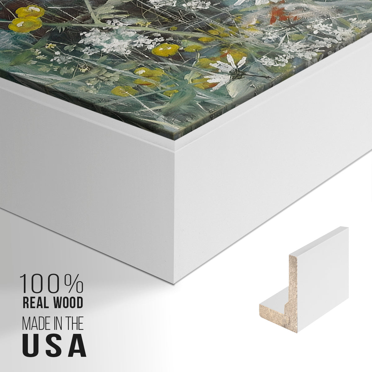Close-up of the white floater frame corner and gallery wrapped canvas construction.