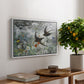 Common Swifts, 1886 by Bruno Liljefors, presented in a white floater framed canvas featuring a flock of birds in flight soaring across open sky above landscape, displayed above a hallway console table.