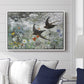 Common Swifts, 1886 by Bruno Liljefors displayed above a sofa in a living room in a white floater frame, featuring swifts gliding midair with wings spread against soft sky.