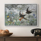 Common Swifts, 1886 by Bruno Liljefors in a white floater framed canvas displayed above a console table in a hallway, featuring an impressionist wildlife scene capturing birds in motion.