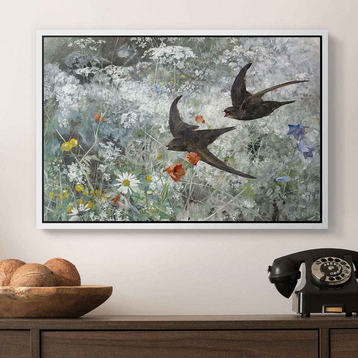 Common Swifts, 1886 by Bruno Liljefors in a white floater framed canvas displayed above a console table in a hallway, featuring an impressionist wildlife scene capturing birds in motion.
