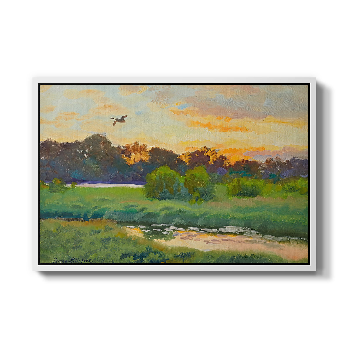 Flying Duck at Sunset, 1924 by Bruno Liljefors in a white floater framed canvas wall art display.