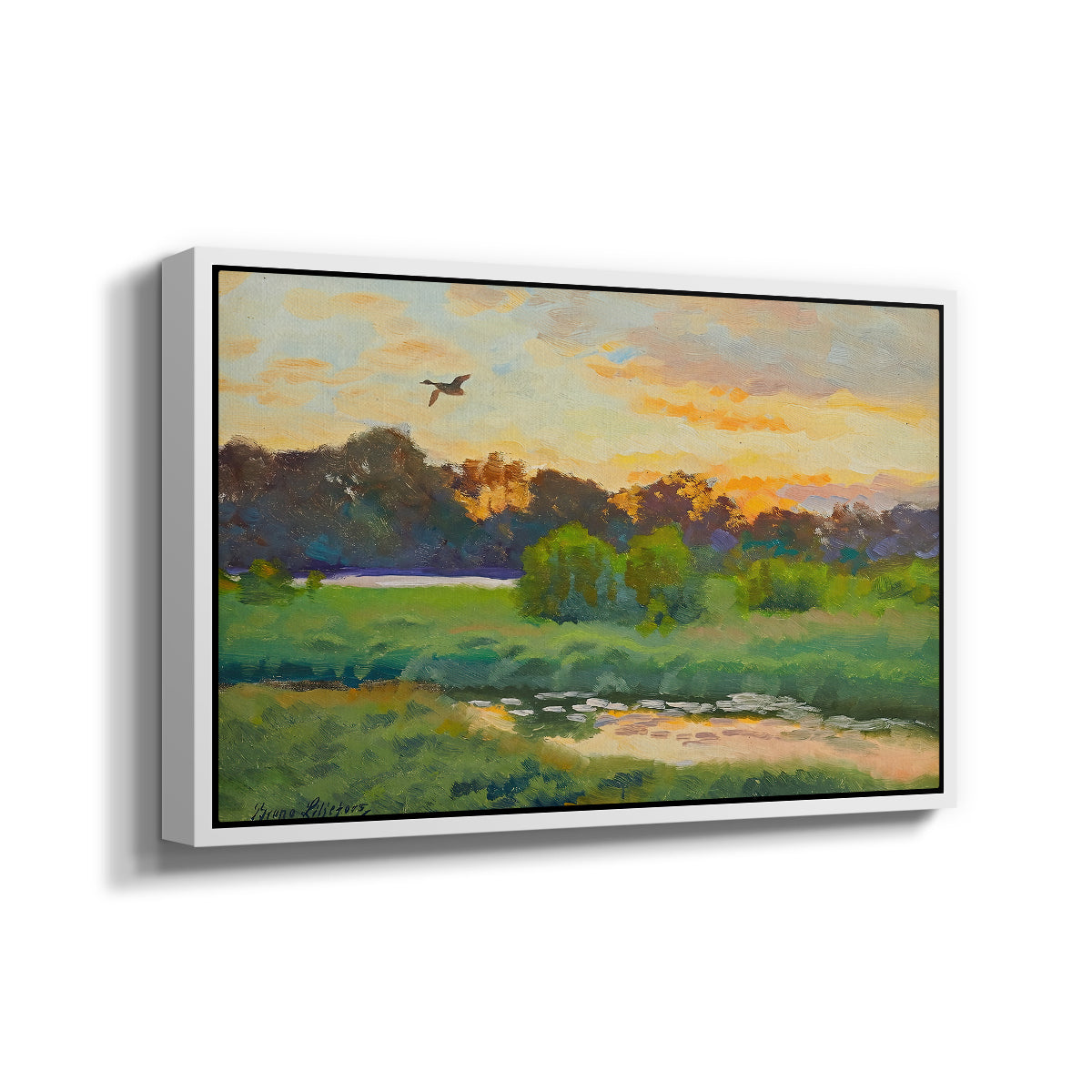 Angled view of Flying Duck at Sunset, 1924 by Bruno Liljefors in a white floater framed canvas.