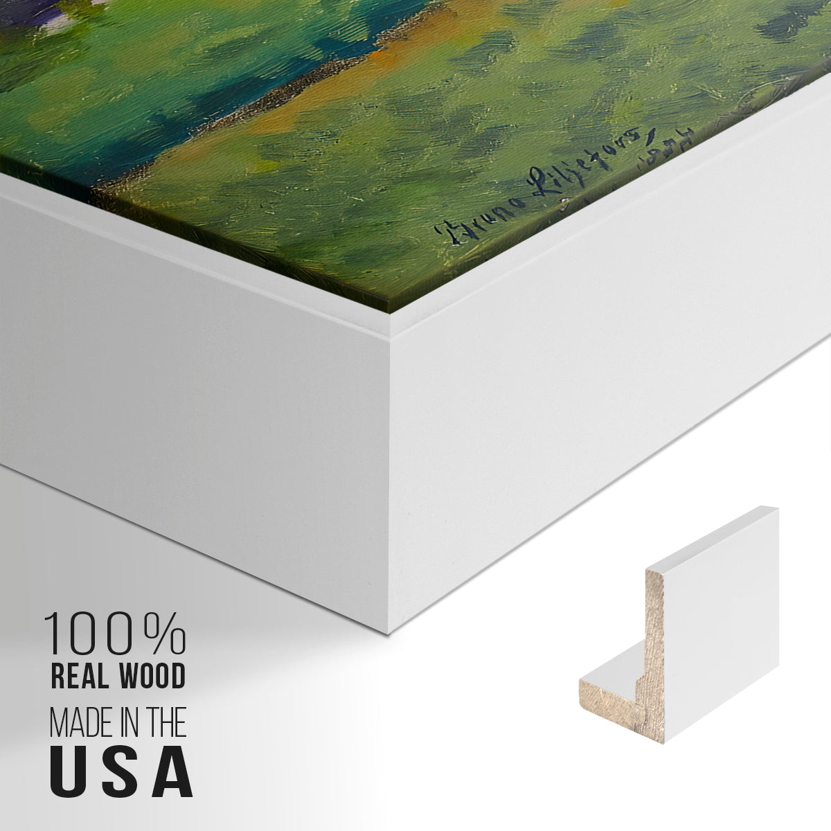 Close-up of the white floater frame corner and gallery wrapped canvas construction.