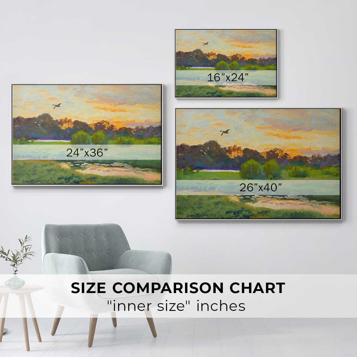 Size comparison chart for white floater framed canvas featuring Flying Duck at Sunset, 1924 by Bruno Liljefors.