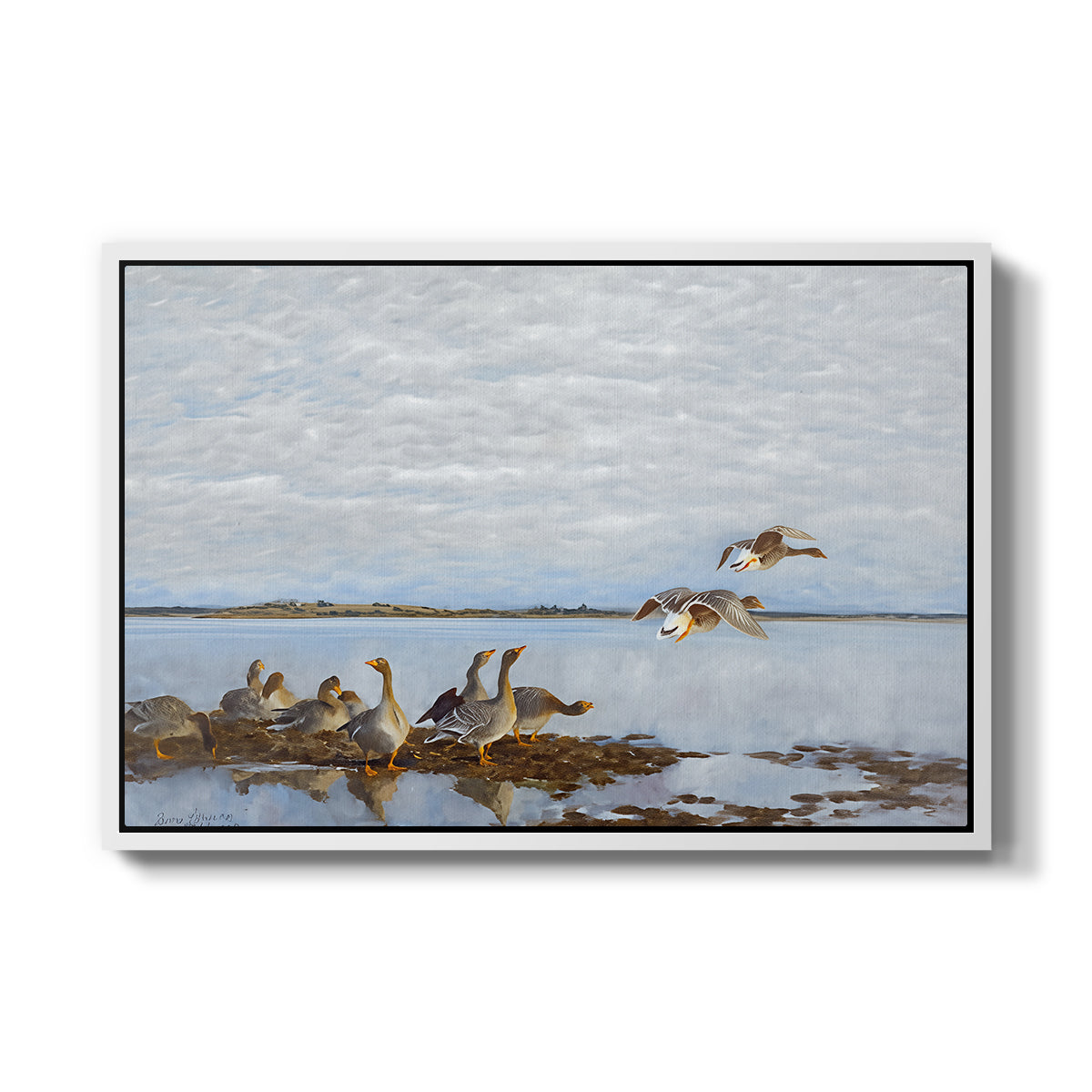 Greylag Geese (Grågäss), 1922 by Bruno Liljefors in a white floater framed canvas wall art display.