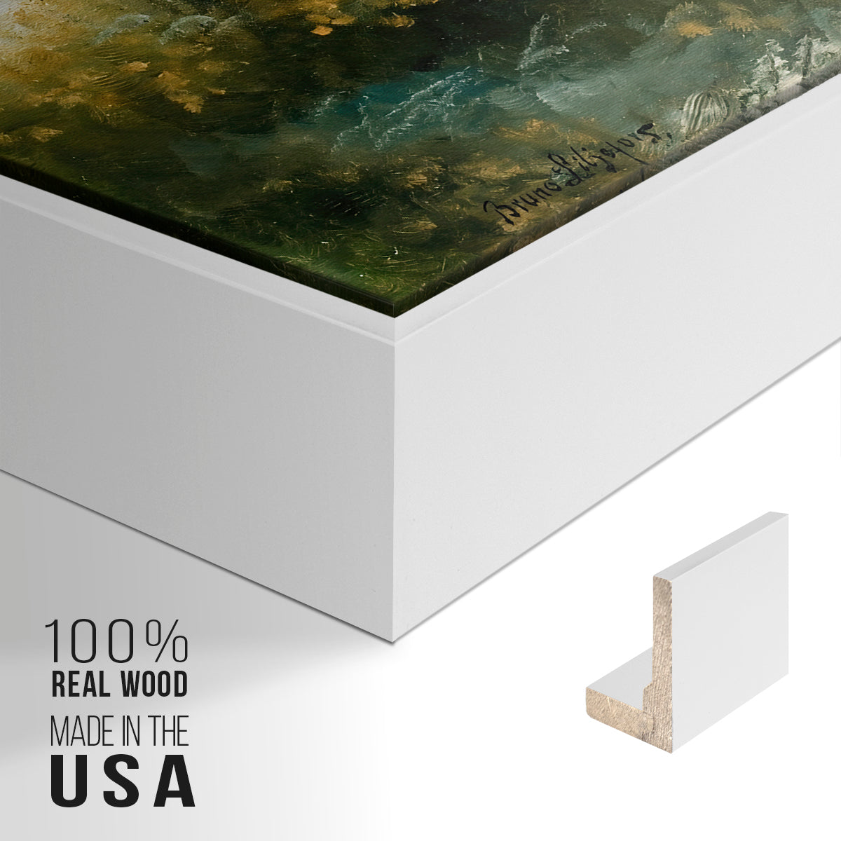 Close-up of the white floater frame corner and gallery wrapped canvas construction.