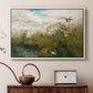 White floater framed canvas featuring a group of ducks foraging in natural marsh setting, displayed above a cabinet in a soft-toned living room.