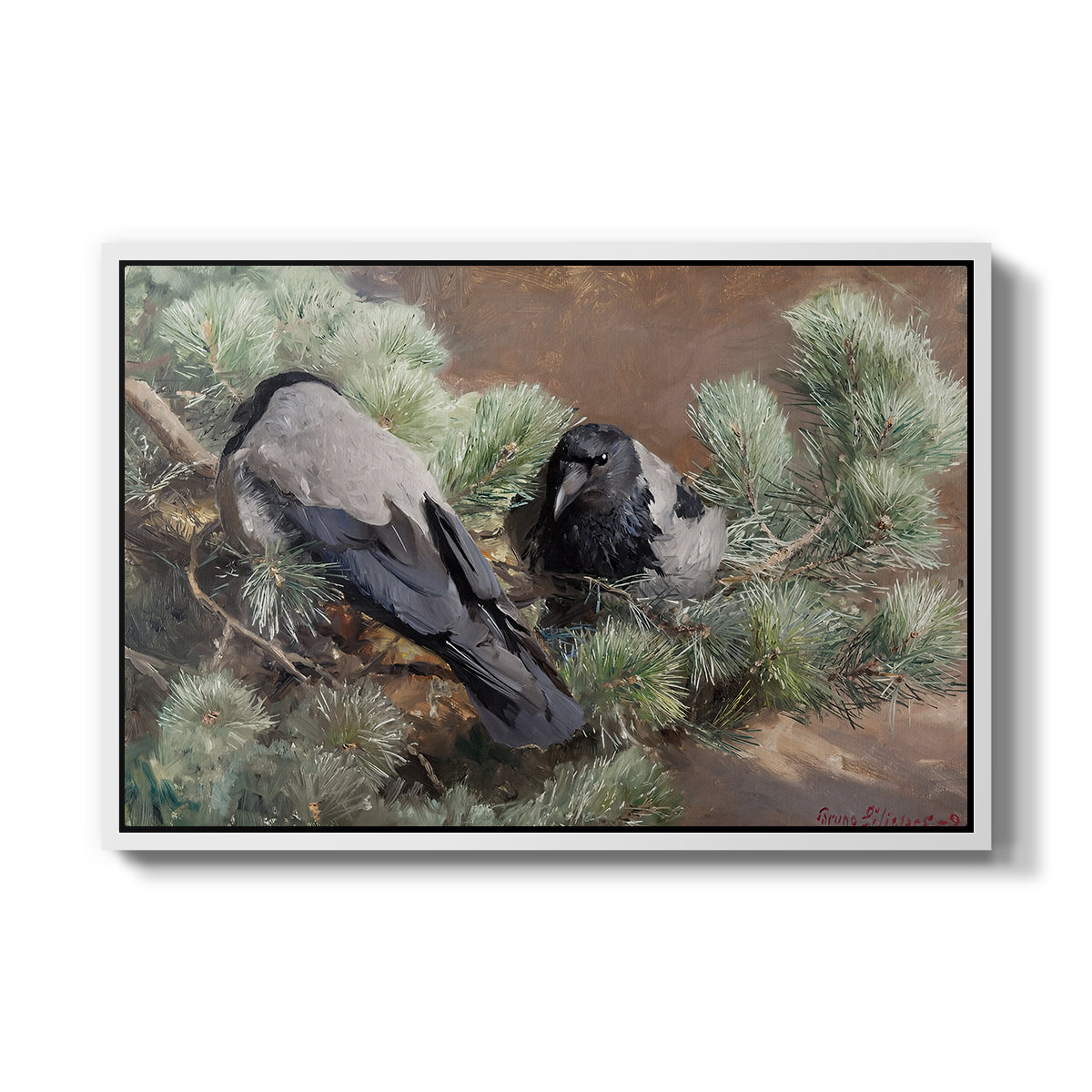 Hooded Crows (Kråkor), 1891 by Bruno Liljefors in a white floater framed canvas wall art display.