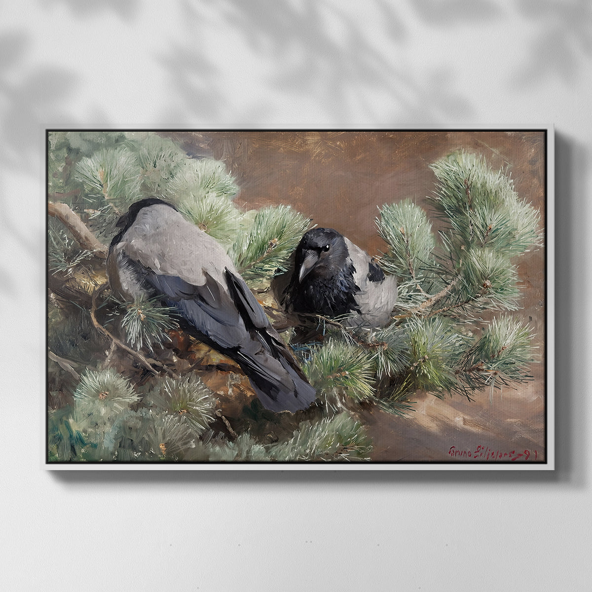 Front view of Hooded Crows (Kråkor), 1891 by Bruno Liljefors in a white floater framed canvas.