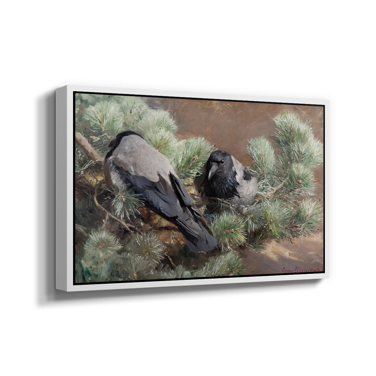 Angled view of Hooded Crows (Kråkor), 1891 by Bruno Liljefors in a white floater framed canvas.