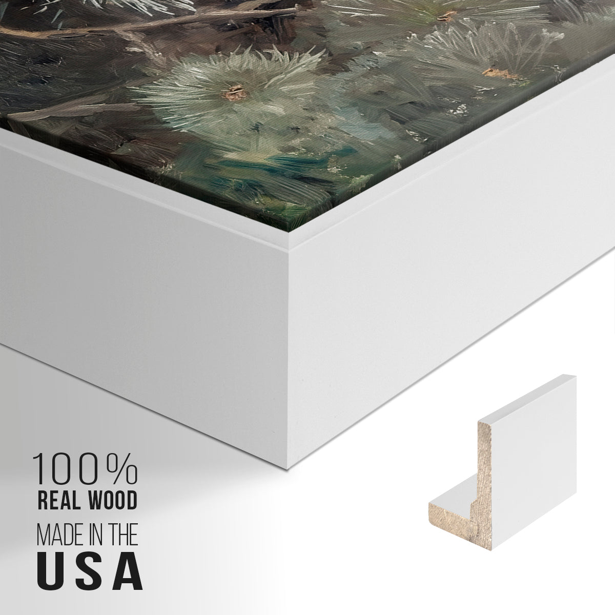 Close-up of the white floater frame corner and gallery wrapped canvas construction.