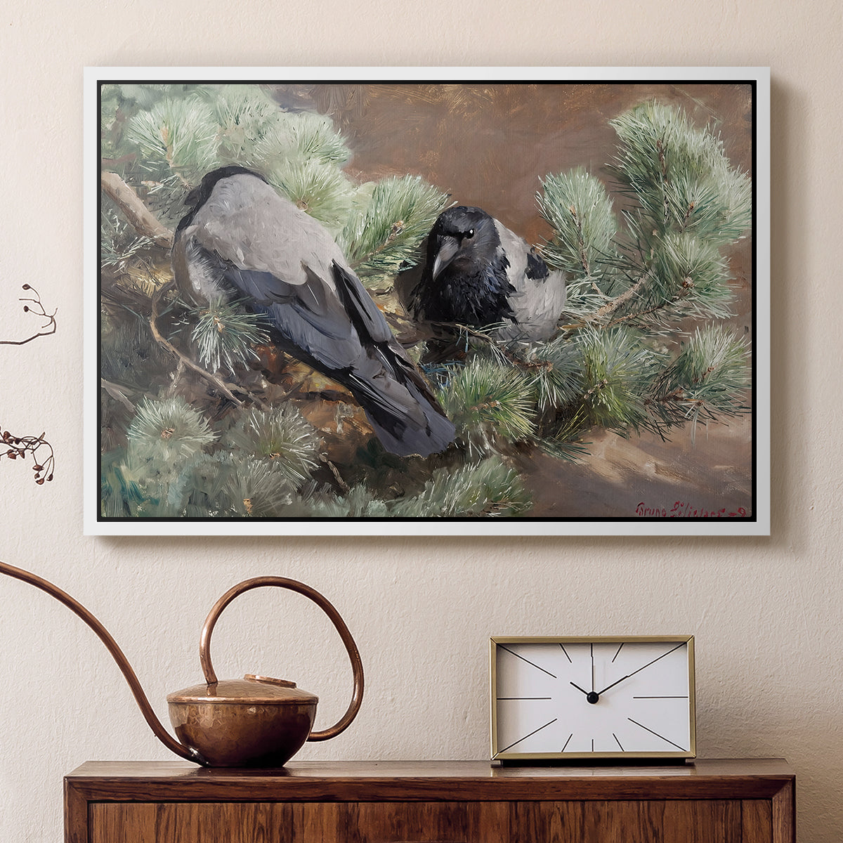 White floater framed canvas featuring a realistic scene of crows interacting on grassy terrain, displayed above a cabinet in a soft-toned living room.