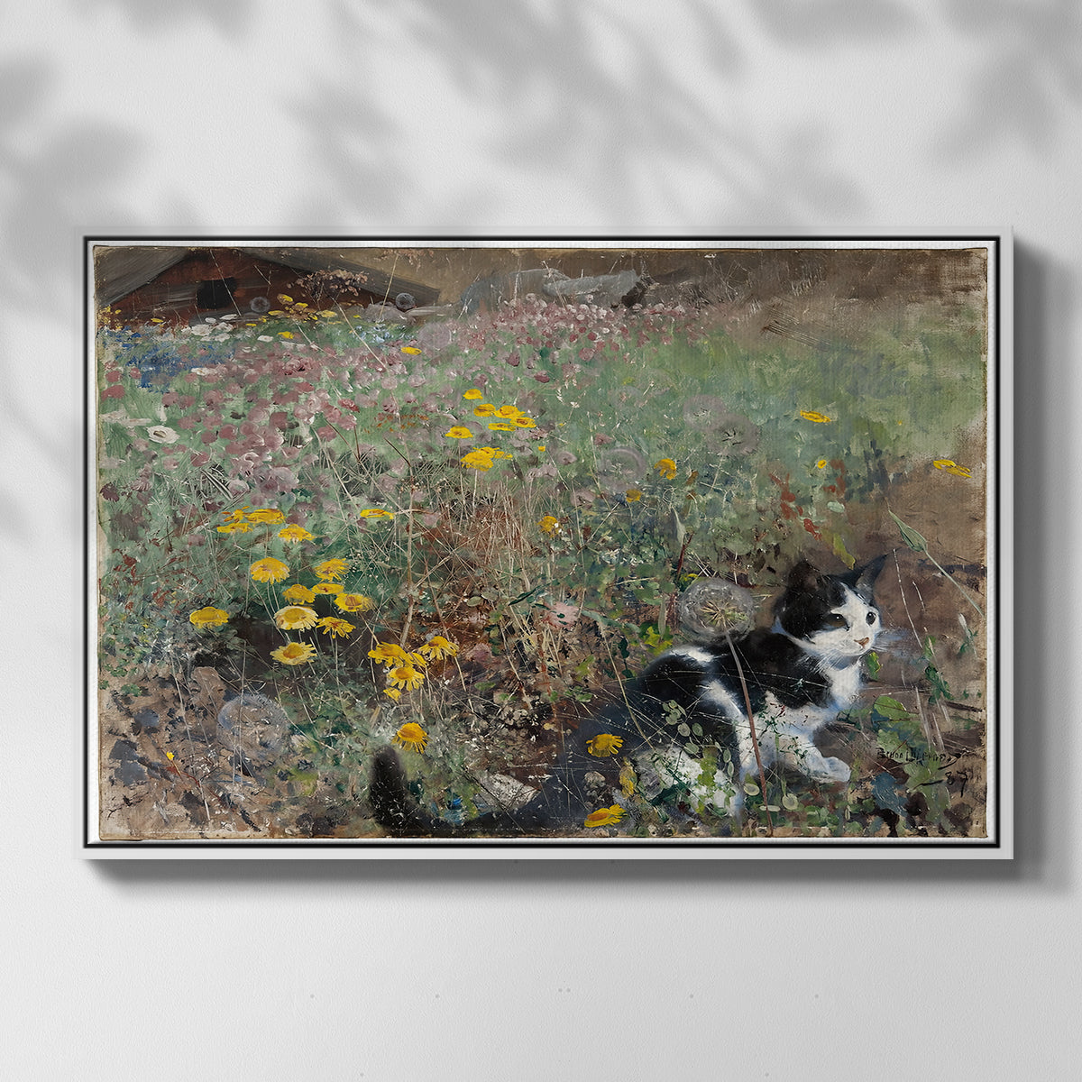 Front view of Cat on a Flowery Meadow, 1887 by Bruno Liljefors in a white floater framed canvas.