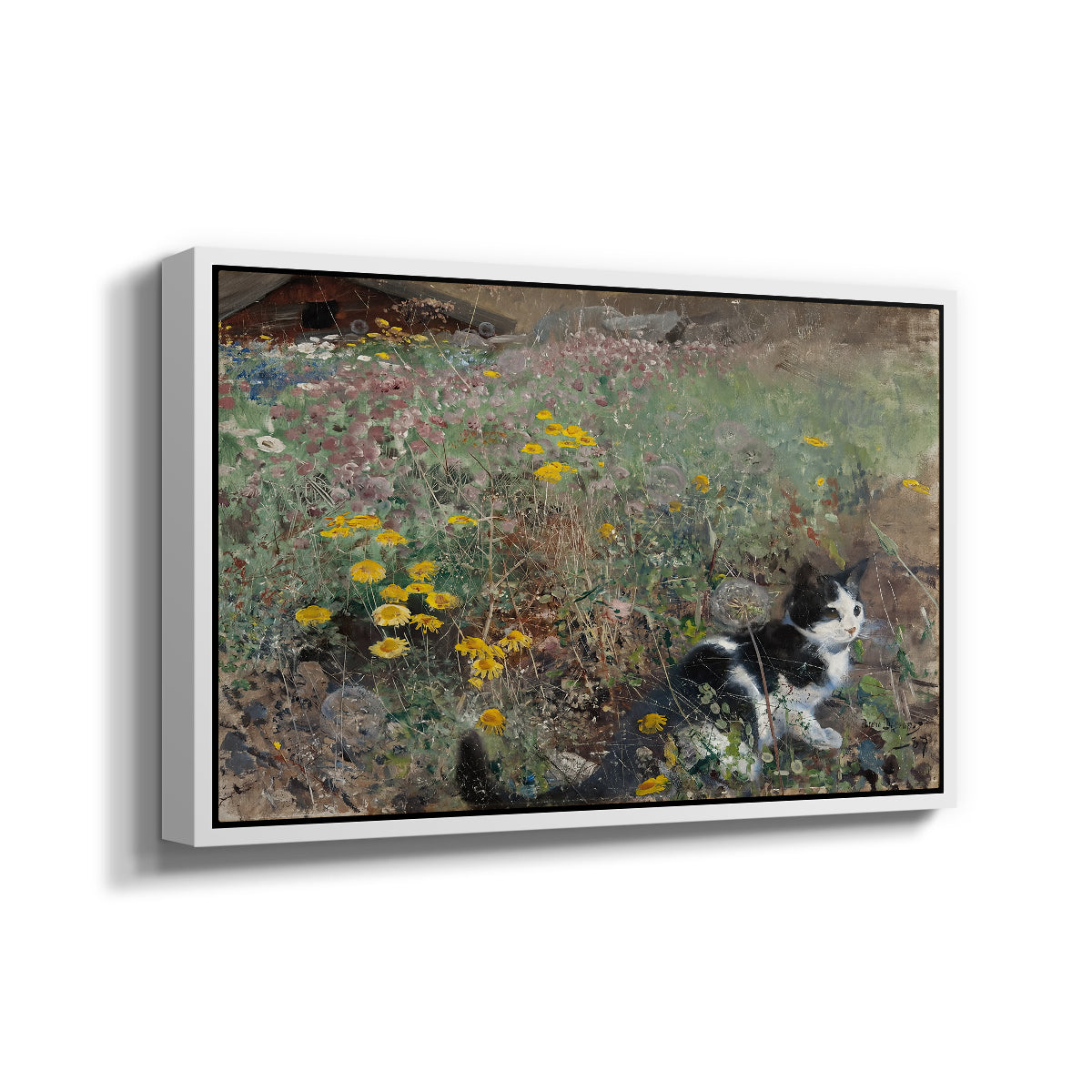 Angled view of Cat on a Flowery Meadow, 1887 by Bruno Liljefors in a white floater framed canvas.
