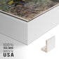 Close-up of the white floater frame corner and gallery wrapped canvas construction.