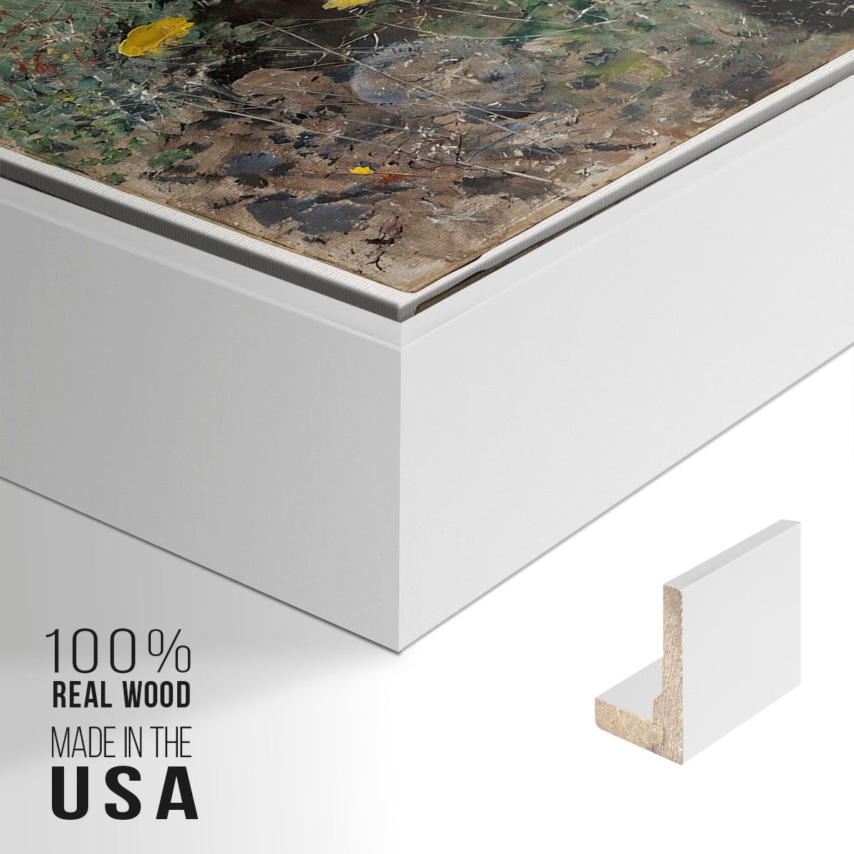 Close-up of the white floater frame corner and gallery wrapped canvas construction.