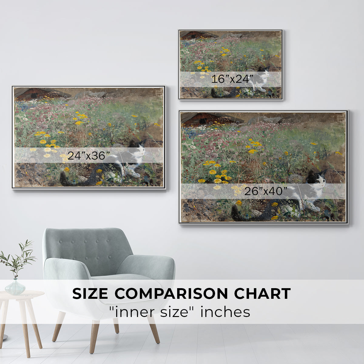 Size comparison chart for white floater framed canvas featuring Cat on a Flowery Meadow, 1887 by Bruno Liljefors.