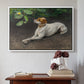 White floater framed canvas featuring Portrait of a Dog, 1891 by Bruno Liljefors above an entryway table in a minimalist foyer.