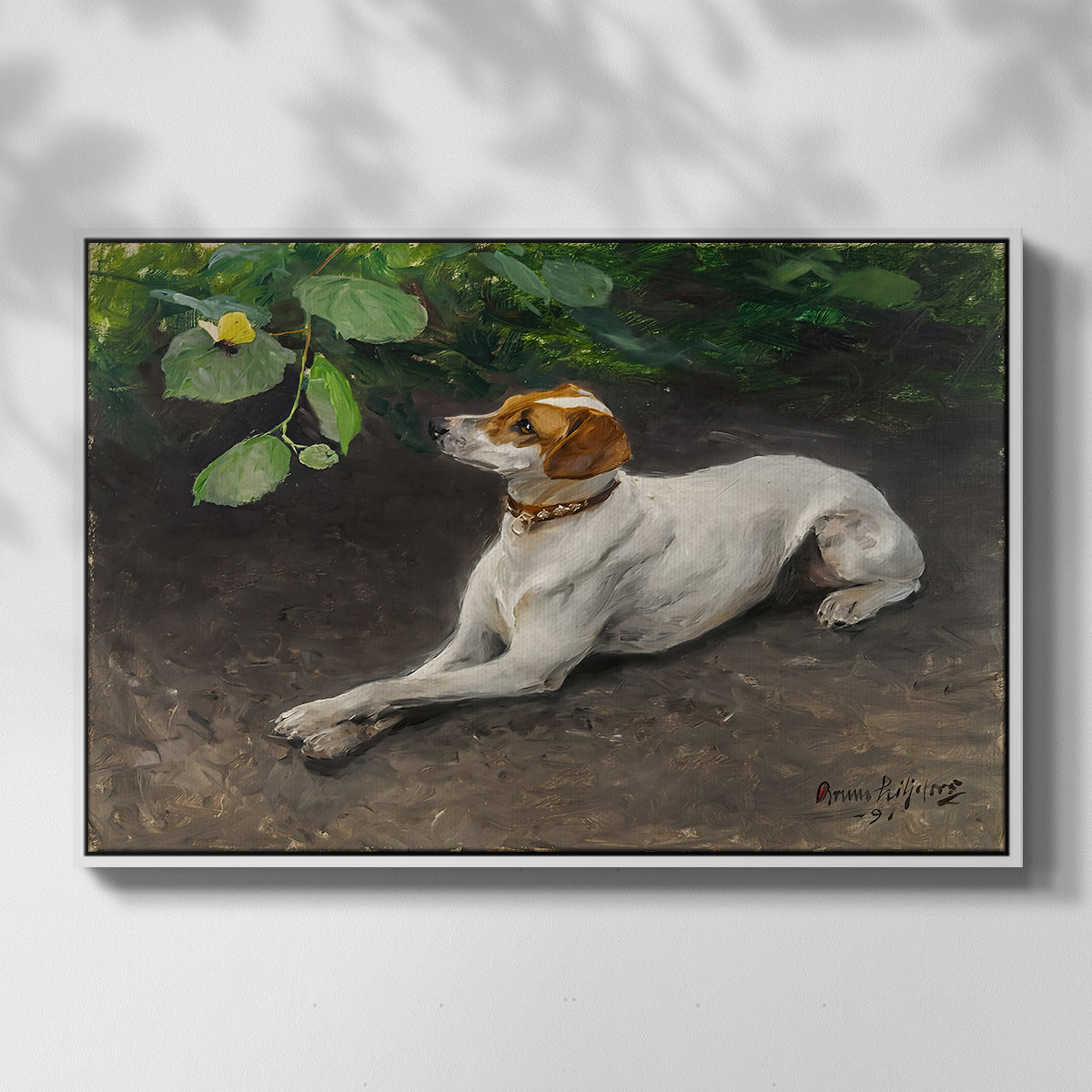 Front view of Portrait of a Dog, 1891 by Bruno Liljefors in a white floater framed canvas.