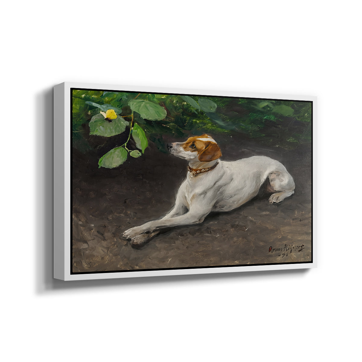 Angled view of Portrait of a Dog, 1891 by Bruno Liljefors in a white floater framed canvas.