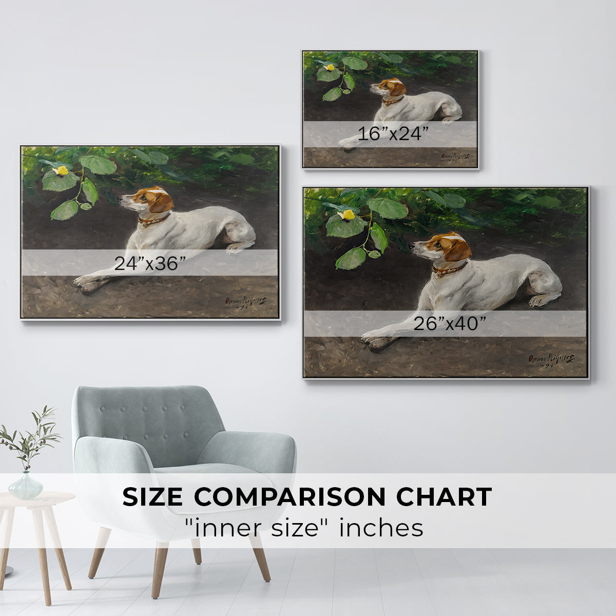 Size comparison chart for white floater framed canvas featuring Portrait of a Dog, 1891 by Bruno Liljefors.