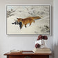 White floater framed canvas featuring Fox in Snow Landscape, 1900 by Bruno Liljefors above an entryway table in a minimalist foyer.