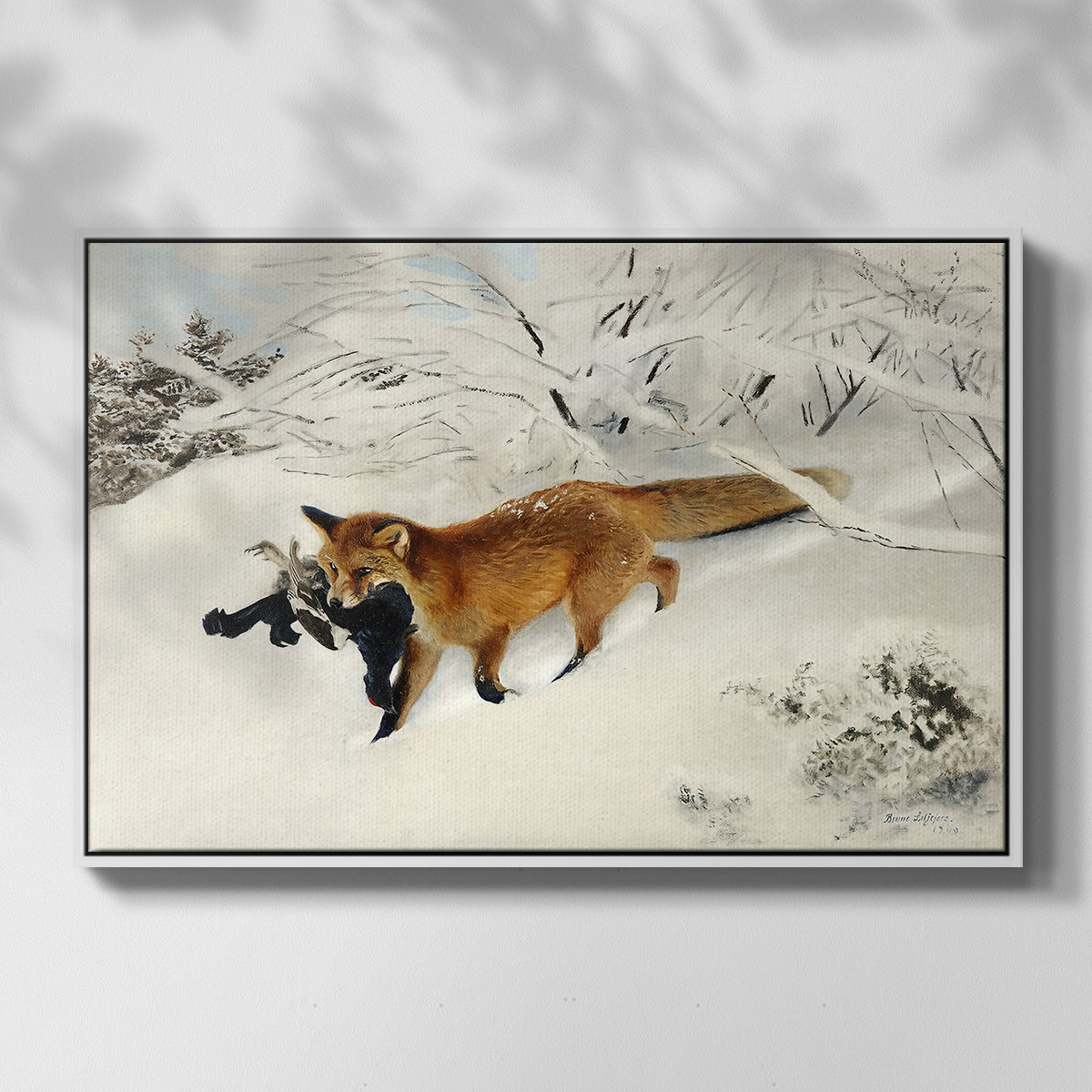 Front view of Fox in Snow Landscape, 1900 by Bruno Liljefors in a white floater framed canvas.
