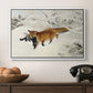 Fox in Snow Landscape, 1900 by Bruno Liljefors in a white floater framed canvas displayed above a console table in a hallway, featuring a dynamic depiction of animal in cold snowy environment.