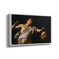 Angled view of David with the Head of Goliath (Vienna Version), c. 1607 by Caravaggio in a white floater framed canvas.