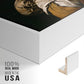 Close-up of the white floater frame corner and gallery wrapped canvas construction.