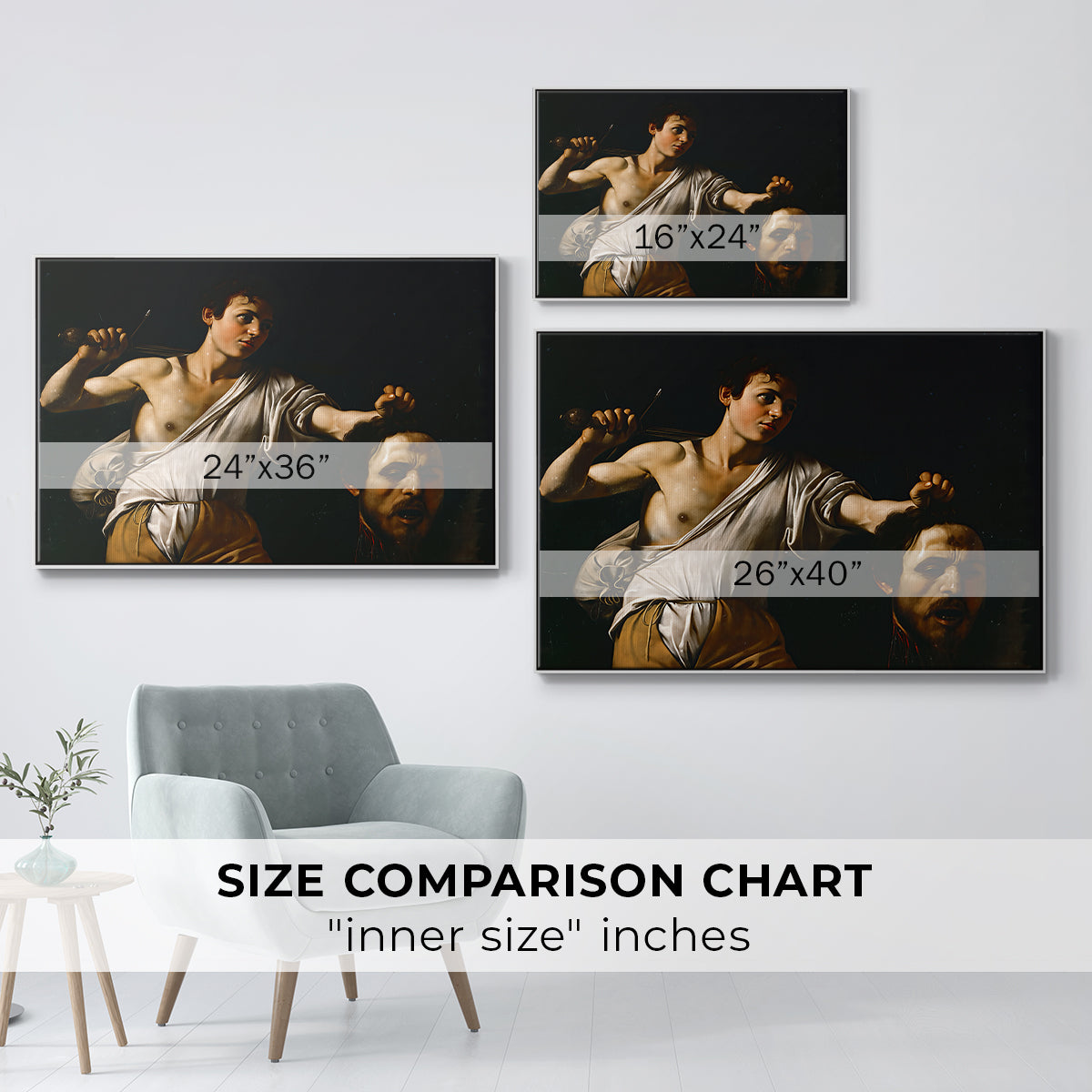 Size comparison chart for white floater framed canvas featuring David with the Head of Goliath (Vienna Version), c. 1607 by Caravaggio.