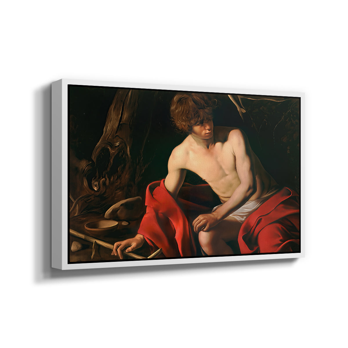Angled view of Saint John the Baptist in the Wilderness, c. 1603-1604 by Caravaggio in a white floater framed canvas.