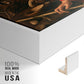 Close-up of the white floater frame corner and gallery wrapped canvas construction.