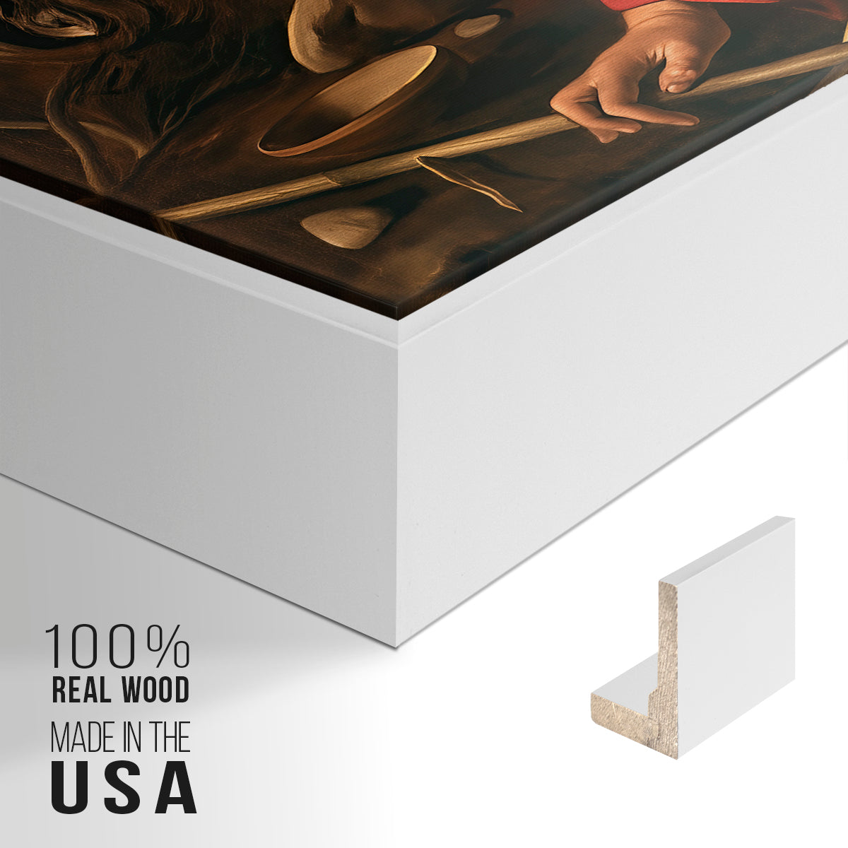 Close-up of the white floater frame corner and gallery wrapped canvas construction.