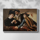 Front view of The Cardsharps, c. 1594 by Caravaggio in a white floater framed canvas.