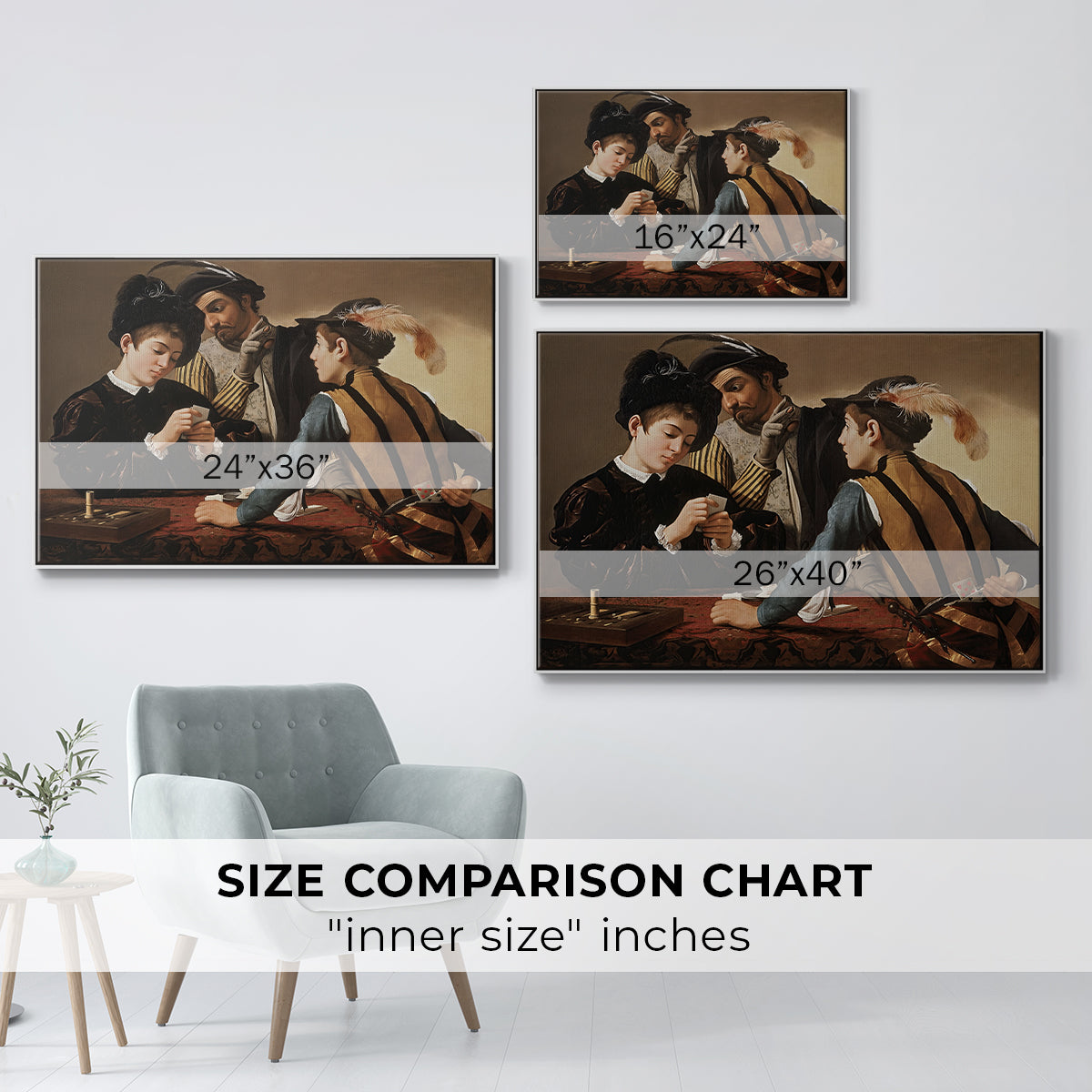 Size comparison chart for white floater framed canvas featuring The Cardsharps, c. 1594 by Caravaggio.