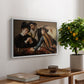 The Cardsharps, c. 1594 by Caravaggio, presented in a white floater framed canvas featuring two men cheating at cards while a third figure secretly observes behind them, displayed above a hallway console table.