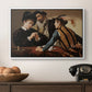 The Cardsharps, c. 1594 by Caravaggio in a white floater framed canvas displayed above a console table in a hallway, featuring a dramatic interior scene of gambling and trickery among figures.