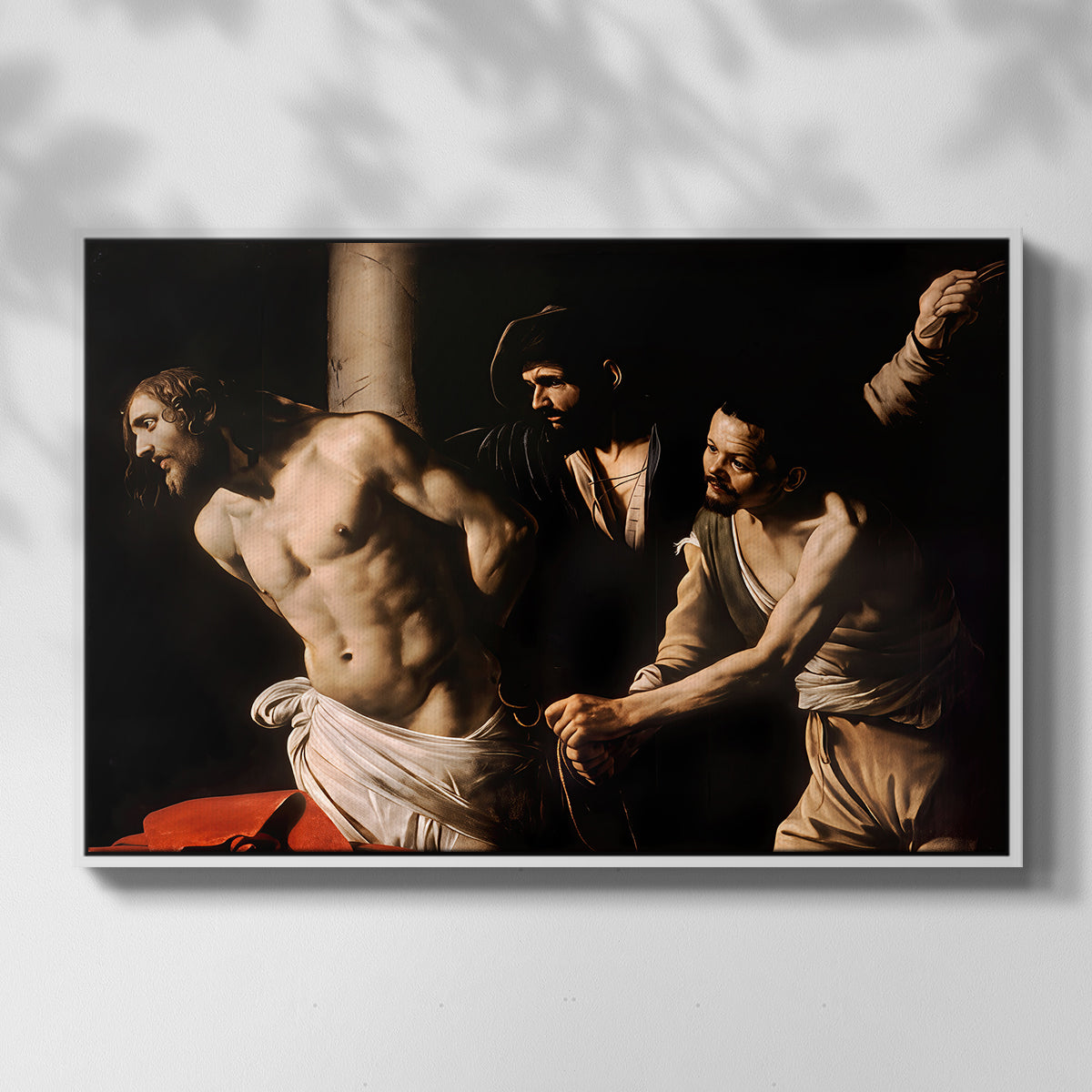 Front view of The Flagellation of Christ at the Column (Rouen Version), 1606 by Caravaggio in a white floater framed canvas.