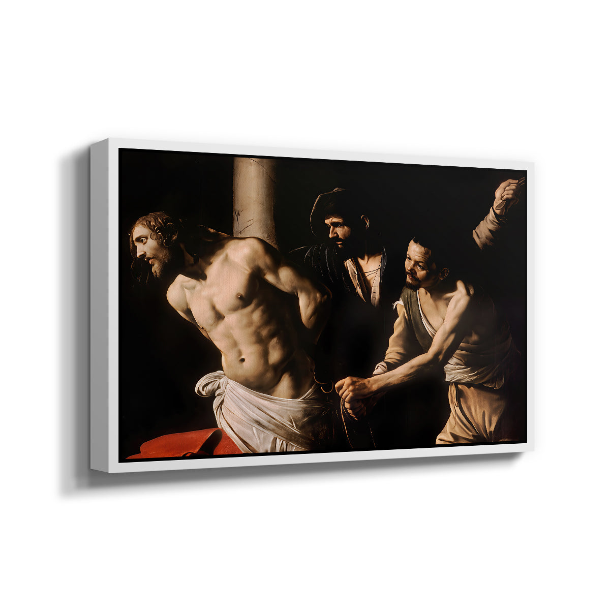 Angled view of The Flagellation of Christ at the Column (Rouen Version), 1606 by Caravaggio in a white floater framed canvas.