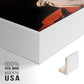 Close-up of the white floater frame corner and gallery wrapped canvas construction.