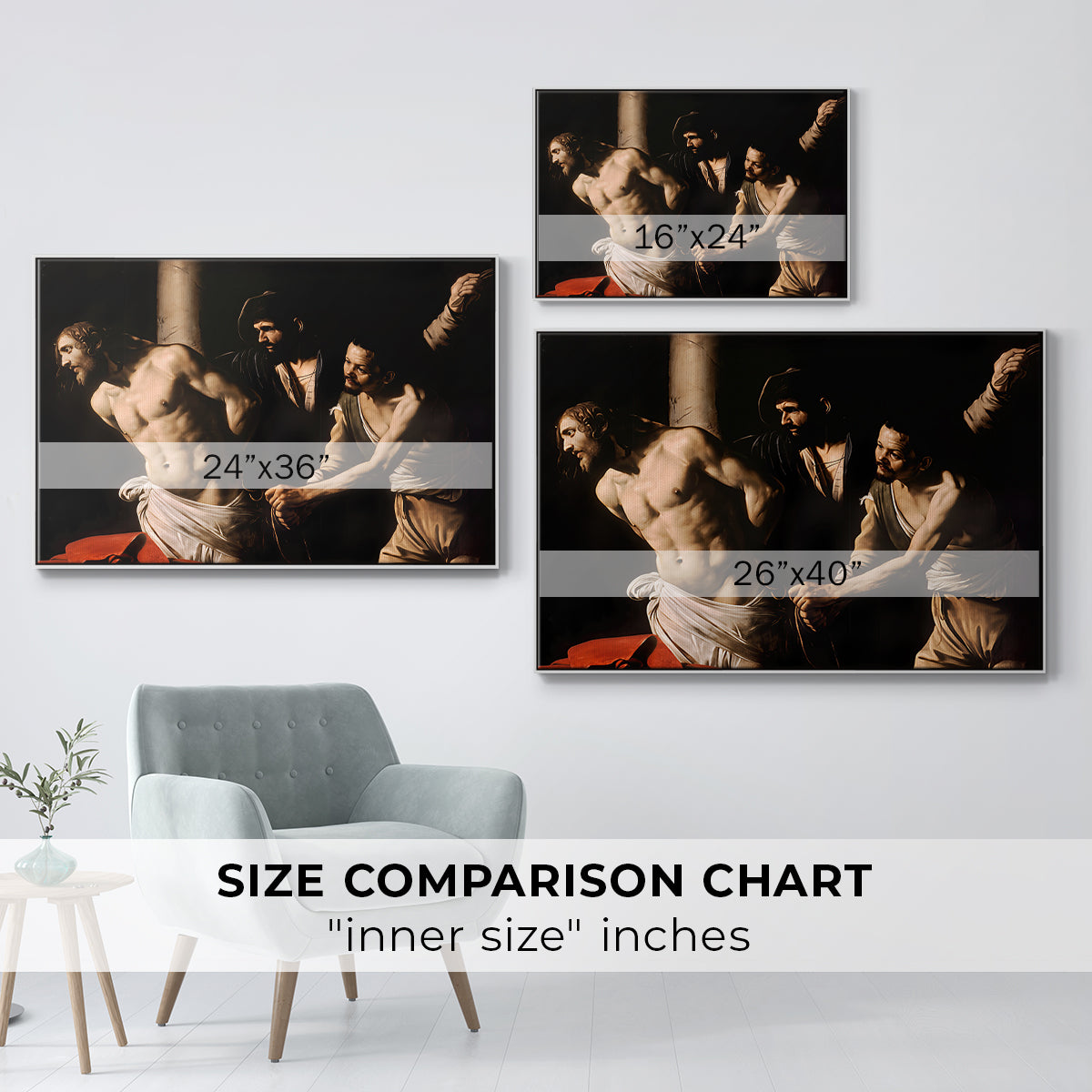 Size comparison chart for white floater framed canvas featuring The Flagellation of Christ at the Column (Rouen Version), 1606 by Caravaggio.