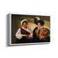 Angled view of The Fortune Teller (Louvre Version), c. 1595 by Caravaggio in a white floater framed canvas.