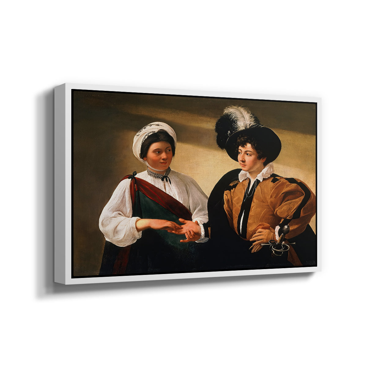 Angled view of The Fortune Teller (Louvre Version), c. 1595 by Caravaggio in a white floater framed canvas.
