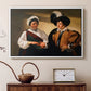 White floater framed canvas featuring an intimate scene of palm reading with subtle act of theft, displayed above a cabinet in a soft-toned living room.