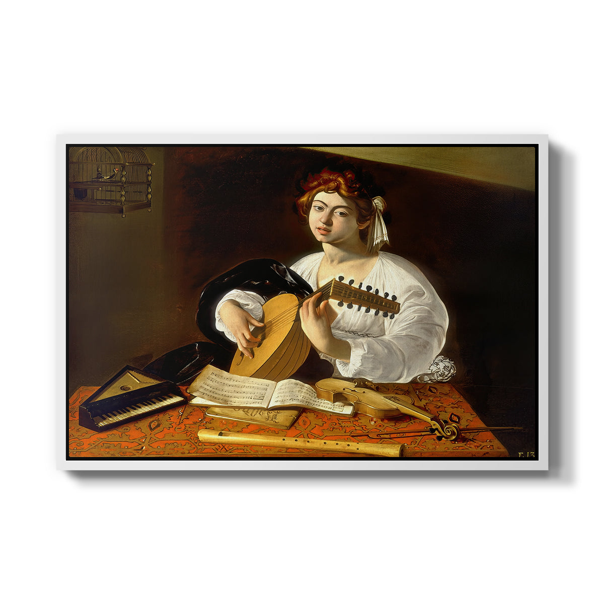 The Lute Player (Wildenstein Version), c. 1596 by Caravaggio in a white floater framed canvas wall art display.
