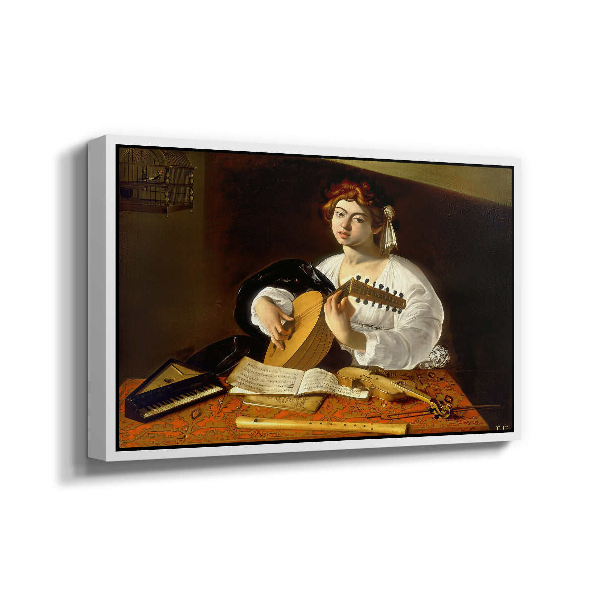 Angled view of The Lute Player (Wildenstein Version), c. 1596 by Caravaggio in a white floater framed canvas.