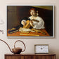 White floater framed canvas featuring a detailed scene of youth playing string instrument with fruit and flowers nearby, displayed above a cabinet in a soft-toned living room.