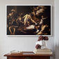 White floater framed canvas featuring The Martyrdom of Saint Matthew, 1599-1600 by Caravaggio above an entryway table in a minimalist foyer.